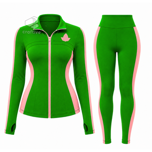 Alfa |   Kapa | Conjunto Deportivo Verde para Mujer Alpha con Paneles Laterales en Rosa, Chaqueta con Cierre Completo y Leggings de Cintura Alta - Product Image 1