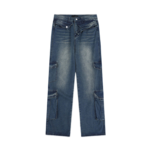 Jeans de Mezclilla Cargo de Cintura Alta para Hombre, Corte Holgado, Estilo Utilitario, Lavado a la Piedra, para Otoño - Product Image 3