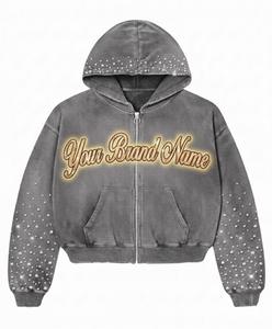 Sweat à capuche vintage Y2K personnalisé OEM, coupe oversize, finition délavée et fermeture éclair avec motif brodé. - Product Image 4