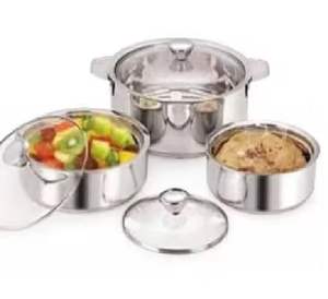 Juego de 3 Ollas de Acero Inoxidable, Recipientes para Mantener Alimentos Calientes, con Tapas de Vidrio Transparente, para el Hogar y Buffet - Product Image 1