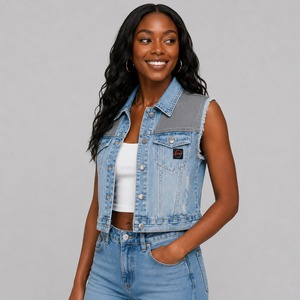 Gilet en jean pour femme de haute qualité, fabriqué en denim résistant, avec un look sans manches élégant, des poches sécurisées et une coupe confortable. - Product Image 4