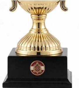 Copa de Trofeo Dorada con Asas Retorcidas y Emblema sobre Base Negra - Product Image 4