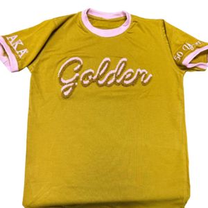 เสื้อยืดเชนิลล์สีทอง แขนสั้น สีเหลือง แต่งขอบสีชมพู ลายปักแบบสคริปต์  สำหรับทุกเพศ ใส่สบายในฤดูร้อน เป็นมิตรกับสิ่งแวดล้อม - Product Image 1