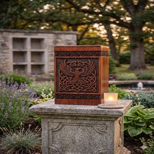 Handcrafted Wooden Cremation Urn Brown Rectangular Memorial <b>Keepsake</b> <b>Box</b> Engraved Phoenix Design for Adult Commemoration - Product Image 5
