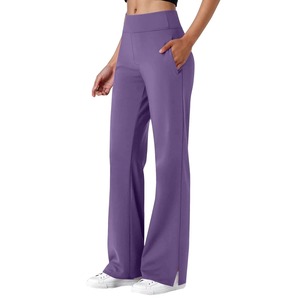 High Waist Full Length Flared Leg <b>Yoga</b> <b>Pants</b> With Pockets Solid Purple Stretch Elastic Waist Women's Workout Wear - Product Image 1