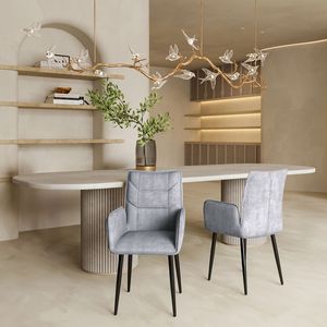 Set di sedie da pranzo moderne in 2 pezzi, sedili imbottiti in morbido velluto con struttura in ferro, colore grigio chiaro senape - Product Image 1