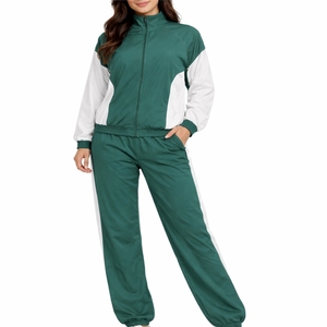Women Custom Design Contrast Panel Tracksuit <b>Zip</b> <b>Up</b> <b>Jacket</b> & Relax Fit Jogger Pants Set Breathable Fabric Tracksuit For Women - Product Image 1