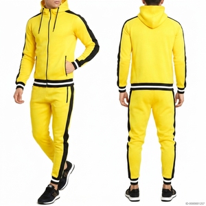 Ensemble de survêtement jaune à capuche pour homme, manches longues, couleur unie, respirant, en polyester, tenue décontractée d'automne, coupe classique - Product Image 4