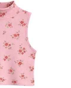 Débardeur court côtelé personnalisé à col montant sans manches avec petit imprimé floral pour femme, coupe ajustée, extensible, décontracté, tendance été - Product Image 3