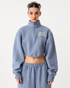 Onceten Apparels Cropped Half <b>Zip</b> <b>Sweatshirt</b> Oversized Fleece Solid Color Stand Collar Embroidered Front Unisex OEM Service - Product Image 1