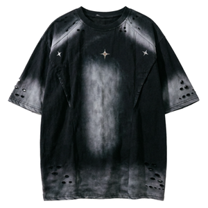 Camiseta Oversize de Hombre de Manga Corta con Estampado Tie-Dye de Estrellas y Pedrería, de Algodón Tejido, Estilo Urbano, Cuello Redondo, Corte Largo - Product Image 3