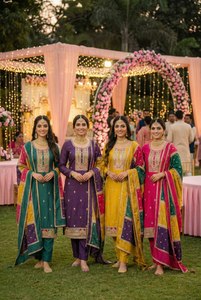 Nuevo diseño de moda, tela de seda chinon pesada, estilo de cuello redondo, corte recto, borde de alta calidad, salwar kameez para colecciones de boutique. - Product Image 6