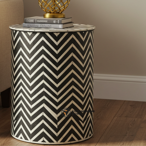 Handcrafted Modern Eco-Friendly Black & <b>White</b> Bone Inlay Nightstand with 2 Drawers Floral Pattern Round <b>Bedside</b> Cabinet - Product Image 5