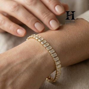 Luxury Bezel <b>Set</b> Emerald Cut Diamond Tennis Bracelet, 18K Yellow Gold Fine Jewelry for Women - Product Image 5