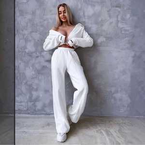 Ensemble de survêtement gris oversize pour femme, léger, avec haut court corset à capuche, pantalon de jogging, fermeture éclair manches longues, couleur unie, décontracté - Product Image 3