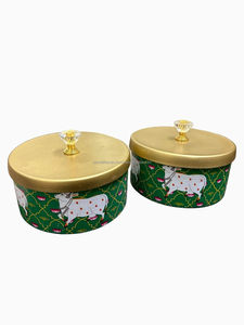 Wholesale Indian Pichwai Cow Enamel Printed Flat <b>Storage</b> Jar Metal Container Gold Lid Crystal Knob Bulk - Product Image 5