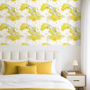 Papel Tapiz Vintage con Diseño Floral y de Aves, 17.5x120 Pulgadas, Papel Tapiz Autoadhesivo Traditi Crane en Blanco y Amarillo para Baño y Dormitorio - Product Image 4