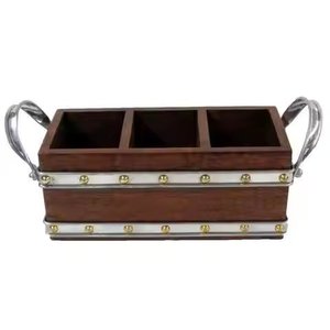 Traditional Design Caddy Handmade Wood Cutlery Holder Customized Shape Metal Handles <b>Tabletop</b> Cutlery Organizer On Sale - Product Image 1