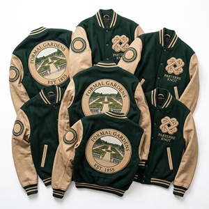 ผู้จัดจำหน่ายเสื้อผ้า เสื้อแจ็คเก็ต Varsity Letterman แขนหนัง ผ้าขนสัตว์ ปักลาย Topiary แบบเป็นทางการ ปักลายเรขาคณิต ปักลาย Yew สีน้ำตาล - Product Image 6