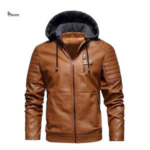 Men’s Leather Jacket with Hood Winter Warm Thick <b>Lined</b> <b>Coat</b> Casual Streetwear Zipper Outerwear OEM Custom Logo - Product Image 5