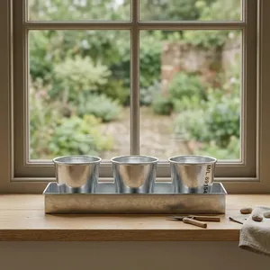 Rustic Galvanized Metal Flower Pot Set 3 Pcs <b>Square</b> Garden <b>Planters</b> Durable Ribbed Pattern ML 89154 Not Coated Desktop Use - Product Image 3