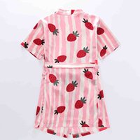 Robe de chambre légère en satin imprimé rayé pour filles, à manches courtes, col en V, longueur genou, avec nœud, style mignon d'été