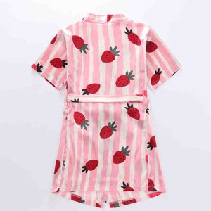 Vestido de Satén Estampado a Rayas para Niñas, Manga Corta, Cuello en V, Largo hasta la Rodilla, con Lazo, Ligero, Estilo Veraniego - Product Image 2