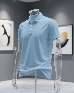 Men's Light Blue Short Sleeve Knitted Breathable Polyester/Cotton Jersey Fabric for Shirt Regular Fit Button Design Casual - Product Image 1