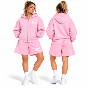 Nouvel ensemble de survêtement 2 pièces personnalisé pour femme, confortable, en molleton 100 % coton épais et respirant, avec sweat à capuche et short pour l'hiver - Product Image 1