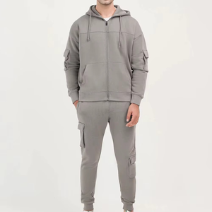 Men's Light Blue Hooded <b>Tracksuit</b> Full Zipper Side Pockets Breathable Casual Regular Fit Autumn Wear Solid Color Cotton - Product Image 5