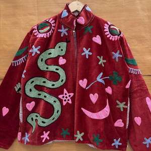 Luxury Red Velvet Embroidered Suzani <b>Jacket</b> With Snake Heart <b>Star</b> Pattern Stand Collar Boho Full Sleeve Autumn Outerwear - Product Image 3