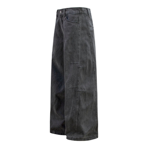 Pantalon cargo en jean taille haute coupe ample pour homme, style utilitaire en coton délavé, couleur unie, jambe large, idéal pour l'automne - Product Image 2