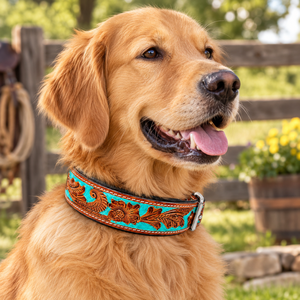 Collar de Perro de Cuero Repujado con Diseño Floral Turquesa, Tallado a Mano, Estilo Western |   Acolchado ajustable ROYAL INTERNATIONAL RI-DC04 All - Product Image 4