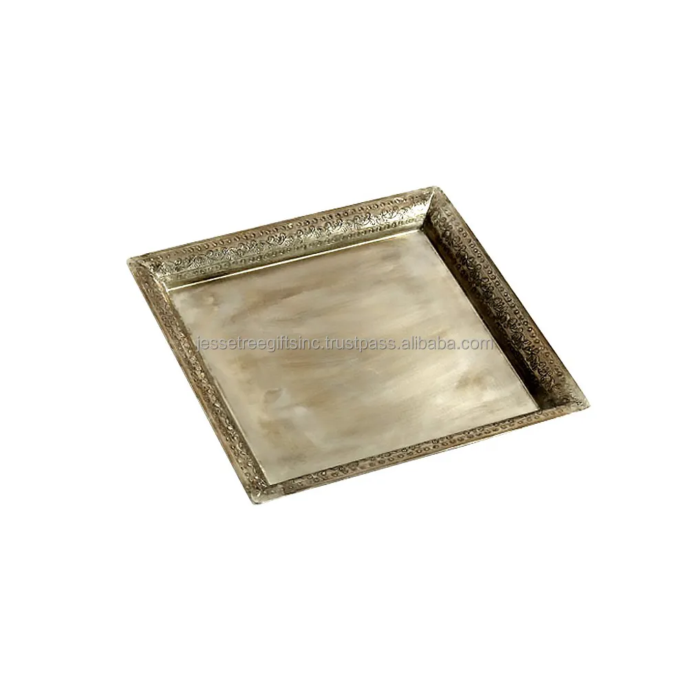 Copper Tray With Antique Gold Finishing Square Shape Embossed Design Border Premium Quality For Serving Wholesale Price