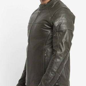 Chaqueta de Cuero Verde para Hombre, Corte Ajustado, Cuello Alto, Estilo Motero, con Cierre, Casual, de Invierno, de Cuero Genuino - Product Image 3