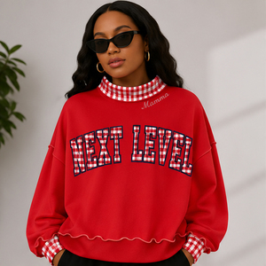 Sudadera OEM personalizada con bordado de patchwork a cuadros, aplique de chenilla con alfabeto griego para hermandades, cuello simulado. - Product Image 1