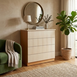Cómoda Moderna de Madera de Roble Claro con 4 Cajones de Almacenamiento, Panel de Rejilla, Aparador Alto para Dormitorio o Sala de Estar - Product Image 4
