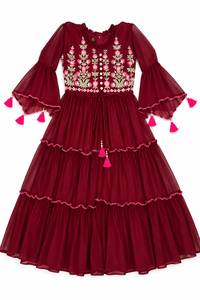 Indian Ethnic Style <b>Burgundy</b> Embroidered Work Muslim Cardigan <b>Top</b> Tassel Sleeve for <b>Women</b> Modest Daily Wear Kurtis Collections - Product Image 4