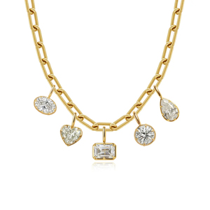Collar con Colgante de Diamantes en Oro Amarillo con Corte Esmeralda en Forma de Corazón y Perlas Redondas con Engaste de Bisel, Cadena de Eslabones, Joyería de Lujo para Mujer - Product Image 1