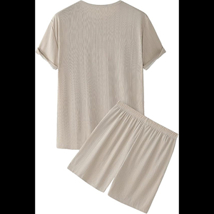 Men's Casual Short Sleeve Terry Pyjamas <b>Set</b> Soft Summer Neck T-Shirt Pockets Shorts Solid Breathable Sleepwear 100% Organic - Product Image 5