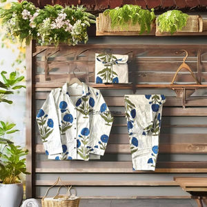 Traje de noche de algodón con estampado de flores azules de lujo para mujer Pijamas de manga larga Ropa de descanso de lujo suave Conjuntos PJ de talla grande Sexy Floral - Product Image 1