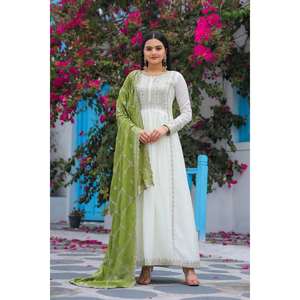 VESTIDO DE TRABAJO DE SECUENCIA DE BORDADO DE SECUENCIA DE DISEÑADOR CHINON FONDO con DUPATTA LORO VERDE - Product Image 1