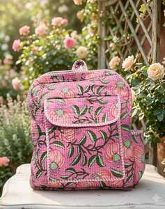 Pink Quilted Floral Women <b>Backpack</b> Cotton Fabric Softback Zipper <b>School</b> Travel Daypack - Product Image 1