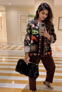 Chaqueta Bomber Bohemia Bordada y Acolchada con Parches, Cuello Camisero, Mangas Largas, Exterior de Algodón y Lana para Mujer, Estilo Otoñal - Product Image 3