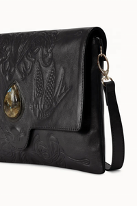 Sac à fermeture éclair fait main de style dame vintage avec grande pierre de labradorite véritable conception d'hirondelle noire entourant le cuir véritable - Product Image 4