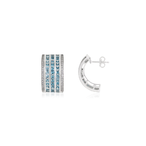 Classy 925 Sterling Silver 100% Genuine <b>Blue</b> Topaz Gemstone & Diamond Wide Half Hoop <b>Earrings</b> For Women's - Product Image 5