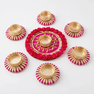 Handmade Pink and Gold Decorative <b>Tealight</b> Candle <b>Holder</b> Set with Floral Rangoli Tray for Diwali Wedding Festival Home Decor - Product Image 2