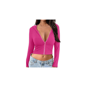 Women’s Ribbed Knit Cropped Hoodie <b>Zip</b> <b>Front</b> Slim Fit Long Sleeve Casual Fashion <b>Top</b> for women - Product Image 3