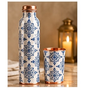 Golden Leaf Pattern Copper <b>Water</b> <b>Bottle</b> with Cup Set Engraved <b>Metal</b> Flask Portable Drinkware - Product Image 6