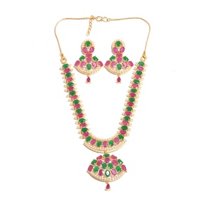 Emerald Green Ruby Pearl Necklace Set 22K Gold Plated Brass Wedding Jewelry For Women Anniversary Gift - Product Image 1